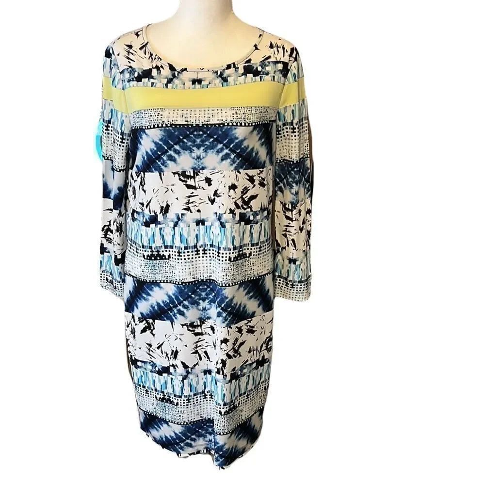 BCBGMaxAzria size S long sleeve blue white yellow print bodycon mini dress EUC